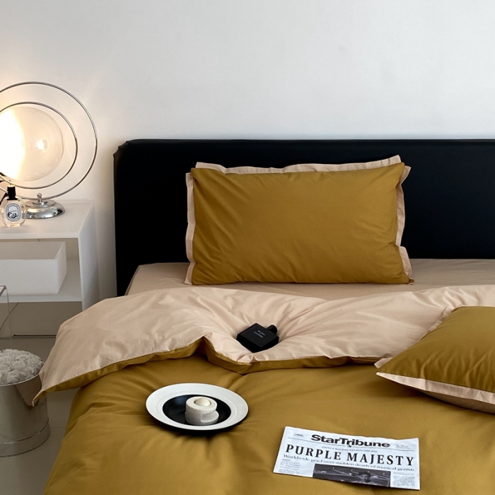 91家纺网 家纺一手货源 找家纺 2022新款100支水洗棉双拼全棉四件套纯棉套件 奥丁黄双拼