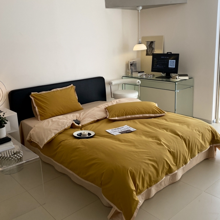 91家纺网 家纺一手货源 找家纺 2022新款100支水洗棉双拼全棉四件套纯棉套件 奥丁黄双拼