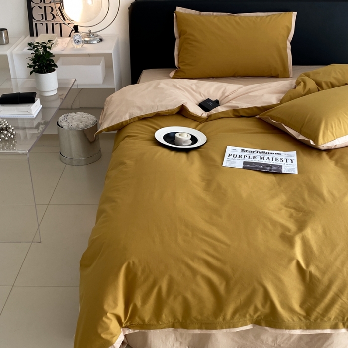 91家纺网 家纺一手货源 找家纺 2022新款100支水洗棉双拼全棉四件套纯棉套件 奥丁黄双拼