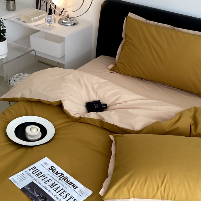 91家纺网 家纺一手货源 找家纺 2022新款100支水洗棉双拼全棉四件套纯棉套件 奥丁黄双拼