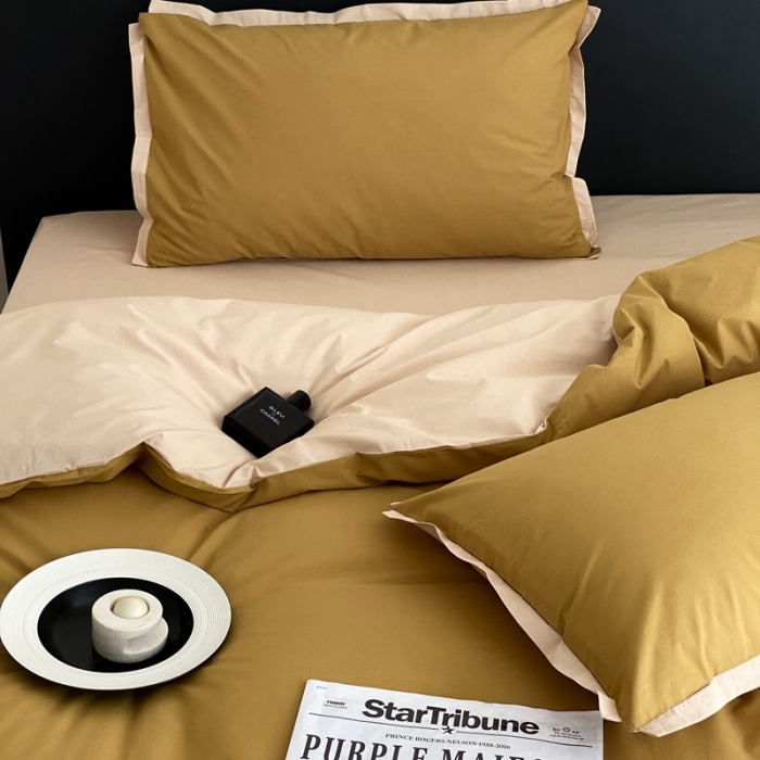 91家纺网 家纺一手货源 找家纺 2022新款100支水洗棉双拼全棉四件套纯棉套件 奥丁黄双拼