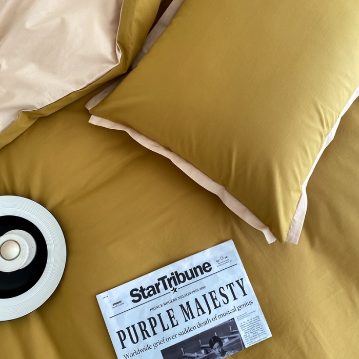 91家纺网 家纺一手货源 找家纺 2022新款100支水洗棉双拼全棉四件套纯棉套件 奥丁黄双拼