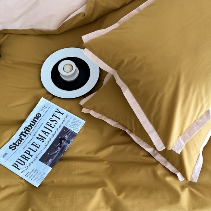 91家纺网 家纺一手货源 找家纺 2022新款100支水洗棉双拼全棉四件套纯棉套件 奥丁黄双拼