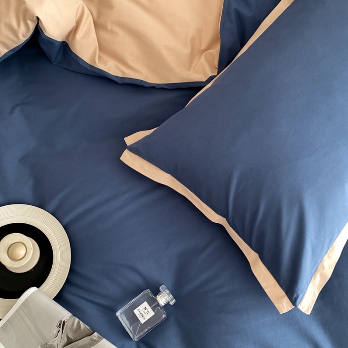 91家纺网 家纺一手货源 找家纺 2022新款100支水洗棉双拼全棉四件套纯棉套件 冰月蓝双拼