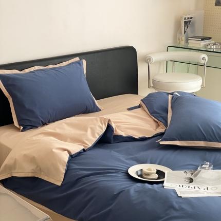 2022新款100支水洗棉双拼全棉四件套纯棉套件 冰月蓝双拼