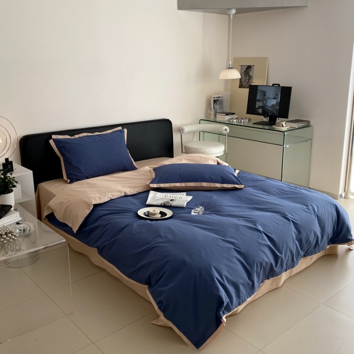 91家纺网 家纺一手货源 找家纺 2022新款100支水洗棉双拼全棉四件套纯棉套件 冰月蓝双拼