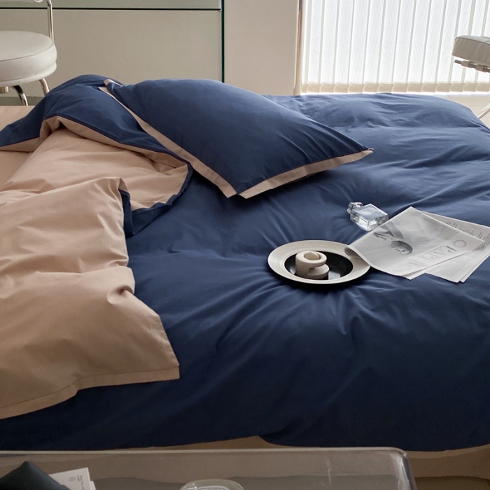 91家纺网 家纺一手货源 找家纺 2022新款100支水洗棉双拼全棉四件套纯棉套件 冰月蓝双拼