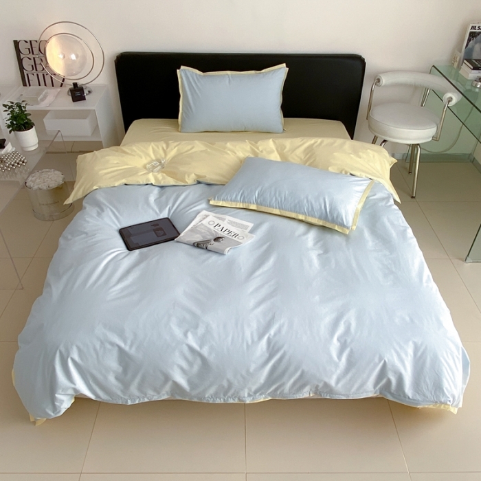 91家纺网 家纺一手货源 找家纺 2022新款100支水洗棉双拼全棉四件套纯棉套件 淡蓝双拼