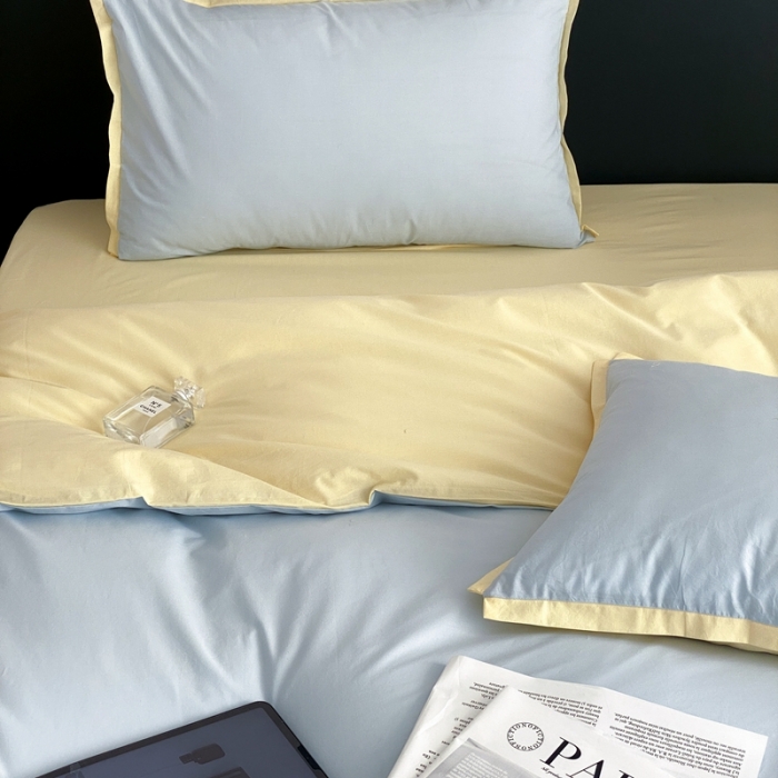 91家纺网 家纺一手货源 找家纺 2022新款100支水洗棉双拼全棉四件套纯棉套件 淡蓝双拼