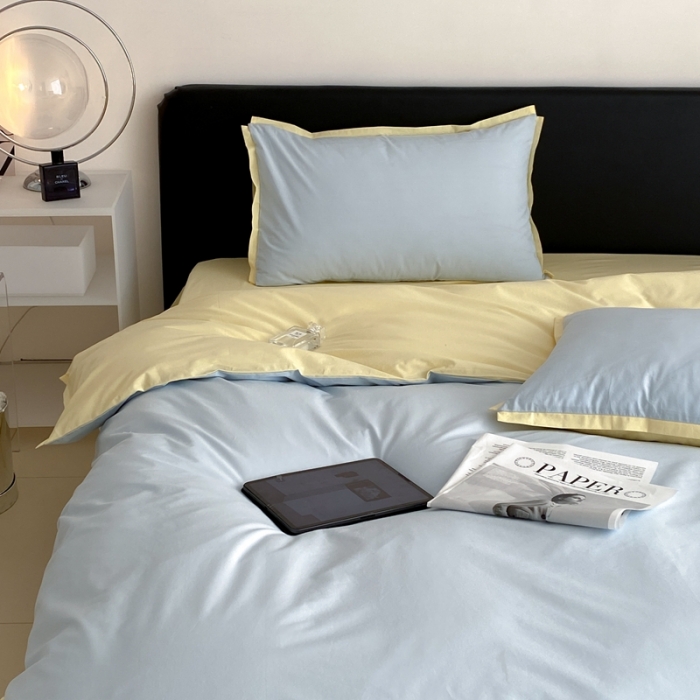 91家纺网 家纺一手货源 找家纺 2022新款100支水洗棉双拼全棉四件套纯棉套件 淡蓝双拼