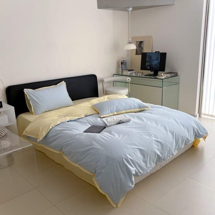 91家纺网 家纺一手货源 找家纺 2022新款100支水洗棉双拼全棉四件套纯棉套件 淡蓝双拼