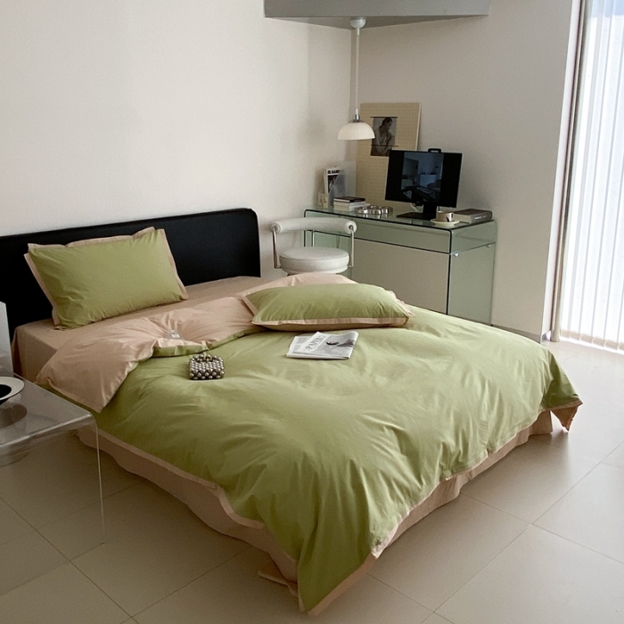 91家纺网 家纺一手货源 找家纺 2022新款100支水洗棉双拼全棉四件套纯棉套件 牛油果双拼