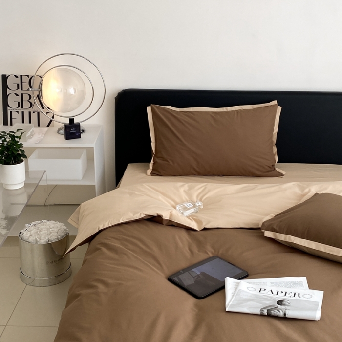 91家纺网 家纺一手货源 找家纺 2022新款100支水洗棉双拼全棉四件套纯棉套件 深咖双拼