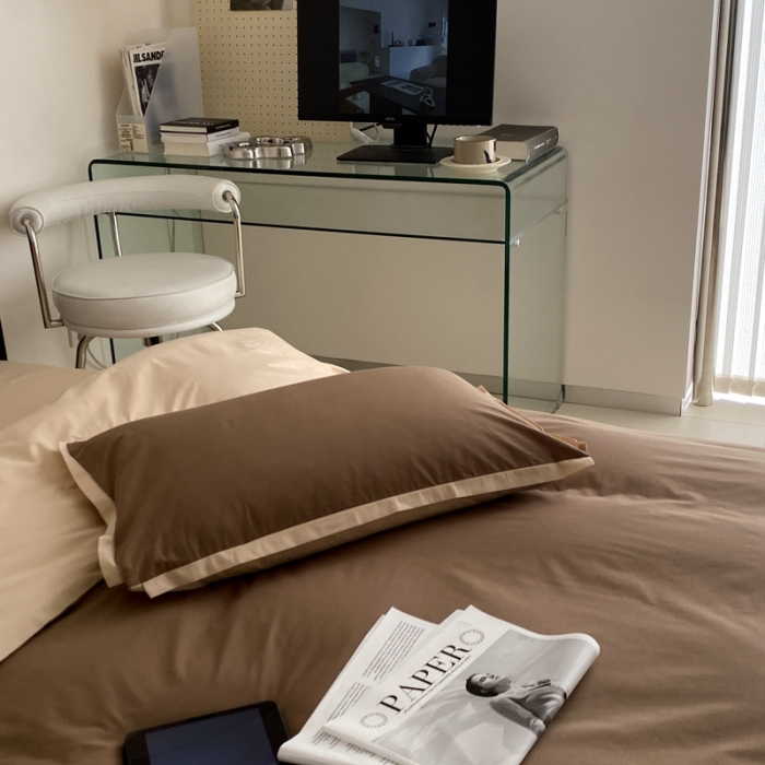 91家纺网 家纺一手货源 找家纺 2022新款100支水洗棉双拼全棉四件套纯棉套件 深咖双拼