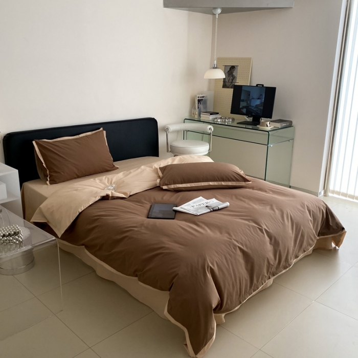 91家纺网 家纺一手货源 找家纺 2022新款100支水洗棉双拼全棉四件套纯棉套件 深咖双拼