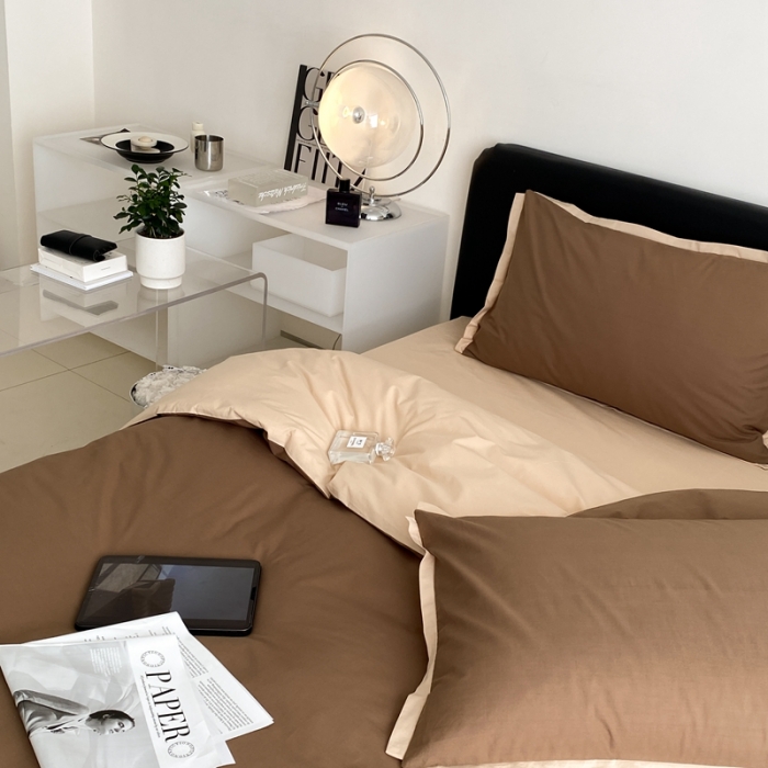 91家纺网 家纺一手货源 找家纺 2022新款100支水洗棉双拼全棉四件套纯棉套件 深咖双拼