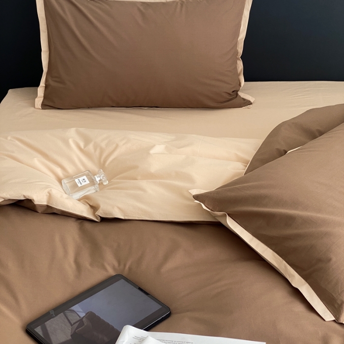 91家纺网 家纺一手货源 找家纺 2022新款100支水洗棉双拼全棉四件套纯棉套件 深咖双拼