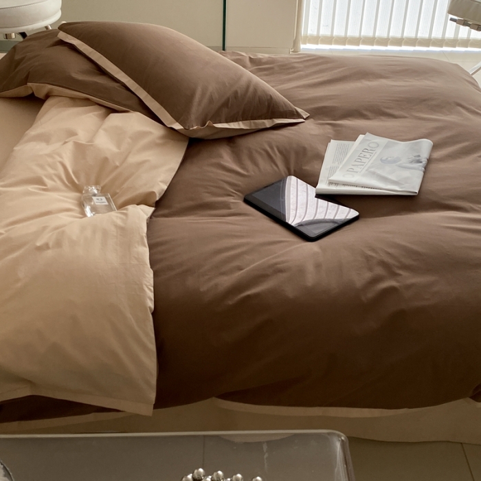 91家纺网 家纺一手货源 找家纺 2022新款100支水洗棉双拼全棉四件套纯棉套件 深咖双拼