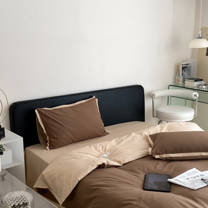 91家纺网 家纺一手货源 找家纺 2022新款100支水洗棉双拼全棉四件套纯棉套件 深咖双拼