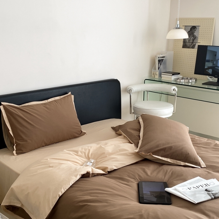 91家纺网 家纺一手货源 找家纺 2022新款100支水洗棉双拼全棉四件套纯棉套件 深咖双拼