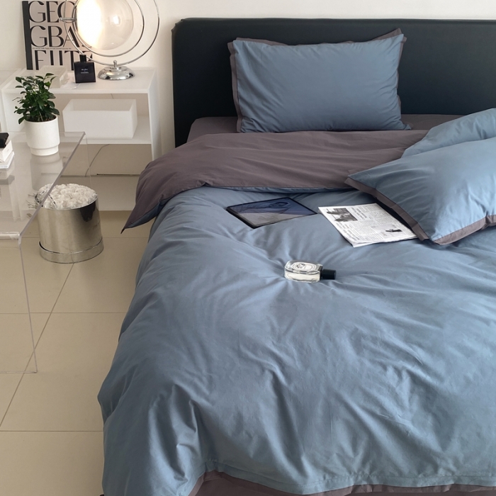 91家纺网 家纺一手货源 找家纺 2022新款100支水洗棉双拼全棉四件套纯棉套件 松蓝双拼