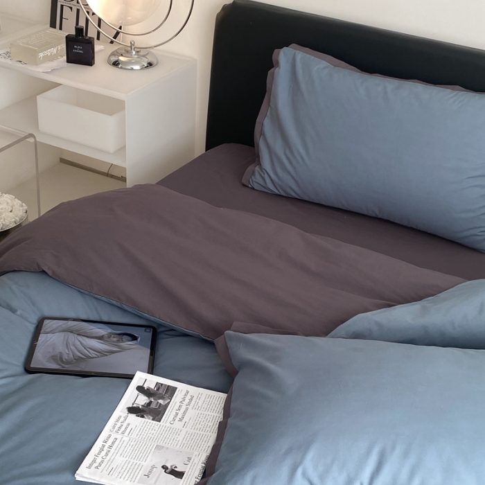 91家纺网 家纺一手货源 找家纺 2022新款100支水洗棉双拼全棉四件套纯棉套件 松蓝双拼