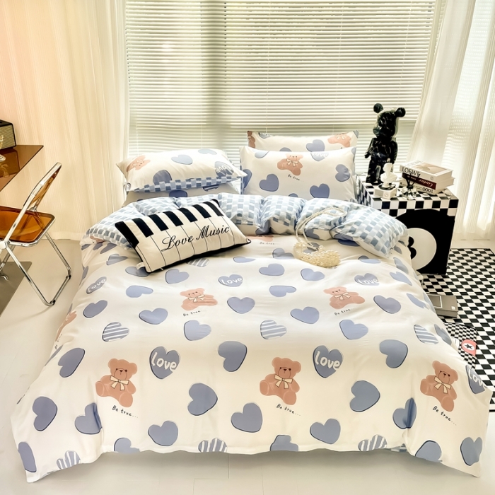 91家纺网 家纺一手货源 找家纺 HL原创 2022新款13070全棉40支北欧风四件套 爱心熊