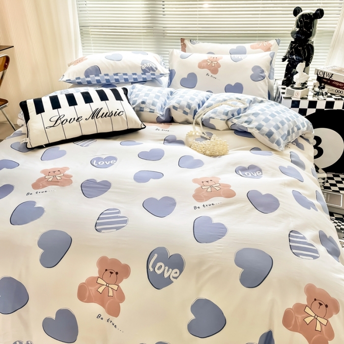 91家纺网 家纺一手货源 找家纺 HL原创 2022新款13070全棉40支北欧风四件套 爱心熊