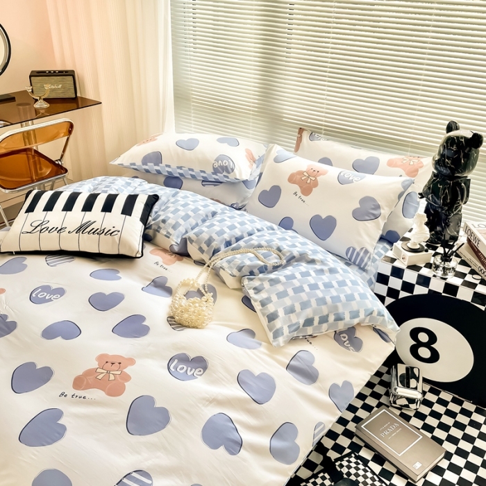 91家纺网 家纺一手货源 找家纺 HL原创 2022新款13070全棉40支北欧风四件套 爱心熊