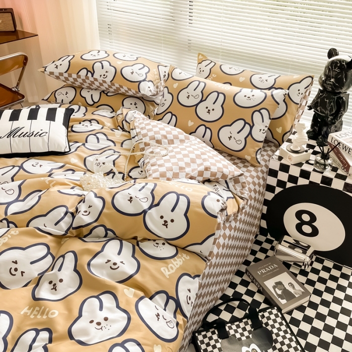 91家纺网 家纺一手货源 找家纺 HL原创 2022新款13070全棉40支北欧风四件套 呆萌兔