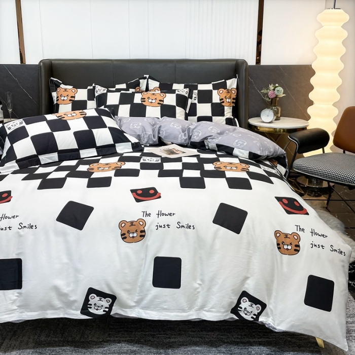 91家纺网 家纺一手货源 找家纺 HL原创 2022新款13070全棉40支北欧风四件套 棋盘格老虎