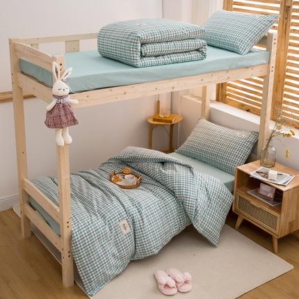 91家纺网 家纺一手货源 找家纺 柠萌 新款A类全棉色织水洗棉学生上下铺全棉三件套 海蓝小格