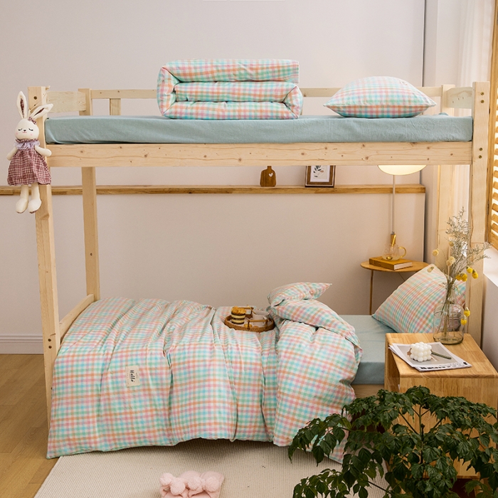 91家纺网 家纺一手货源 找家纺 总 柠萌2025新款A类全棉色织水洗棉学生上下铺全棉三件套