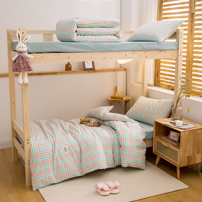 91家纺网 家纺一手货源 找家纺 柠萌 新款A类全棉色织水洗棉学生上下铺全棉三件套 冰激凌格