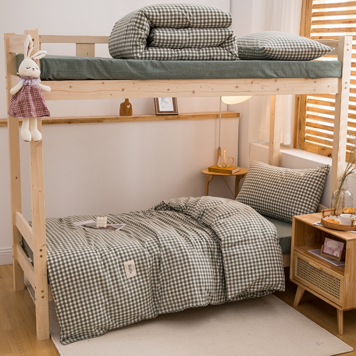 91家纺网 家纺一手货源 找家纺 柠萌 新款A类全棉色织水洗棉学生上下铺全棉三件套 草绿小格