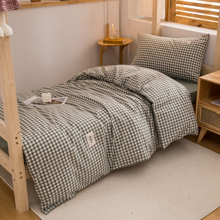 91家纺网 家纺一手货源 找家纺 柠萌 新款A类全棉色织水洗棉学生上下铺全棉三件套 草绿小格