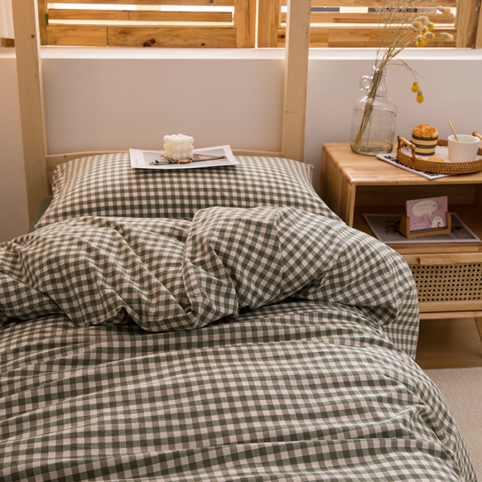 91家纺网 家纺一手货源 找家纺 柠萌 新款A类全棉色织水洗棉学生上下铺全棉三件套 草绿小格