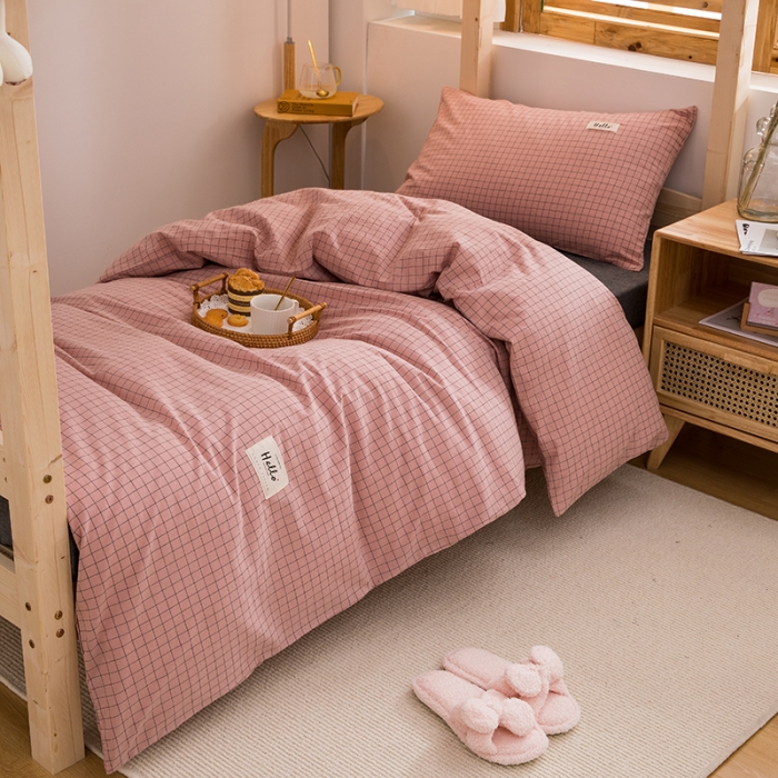 91家纺网 家纺一手货源 找家纺 柠萌 新款A类全棉色织水洗棉学生上下铺全棉三件套 豆沙小格