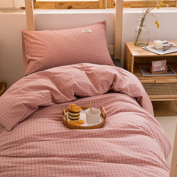 91家纺网 家纺一手货源 找家纺 柠萌 新款A类全棉色织水洗棉学生上下铺全棉三件套 豆沙小格