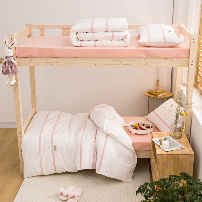 91家纺网 家纺一手货源 找家纺 柠萌 新款A类全棉色织水洗棉学生上下铺全棉三件套 粉白细条