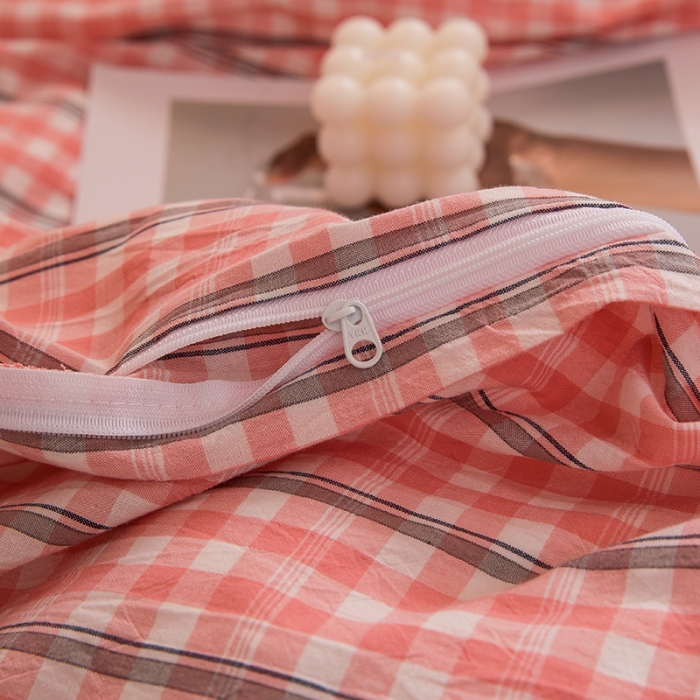 91家纺网 家纺一手货源 找家纺 柠萌 新款A类全棉色织水洗棉学生上下铺全棉三件套 粉灰小格