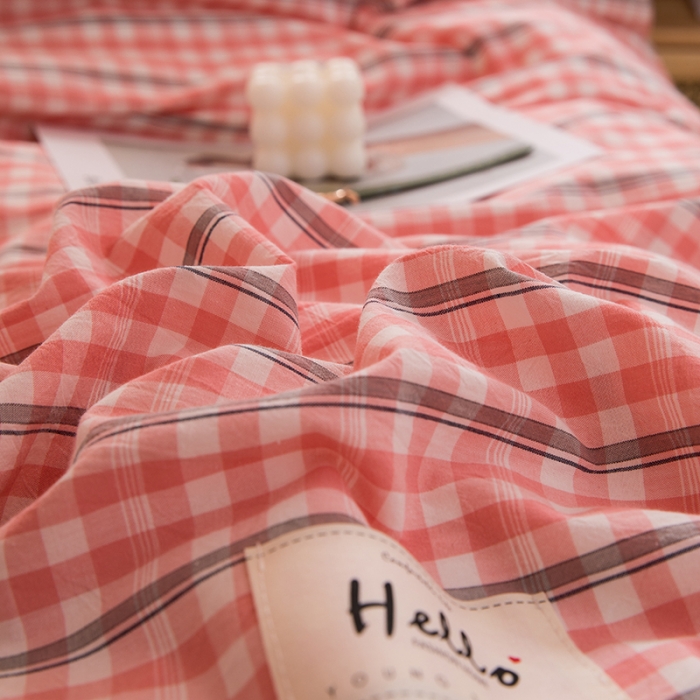 91家纺网 家纺一手货源 找家纺 柠萌 新款A类全棉色织水洗棉学生上下铺全棉三件套 粉灰小格