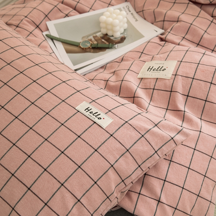 91家纺网 家纺一手货源 找家纺 柠萌 新款A类全棉色织水洗棉学生上下铺全棉三件套 格纹豆沙