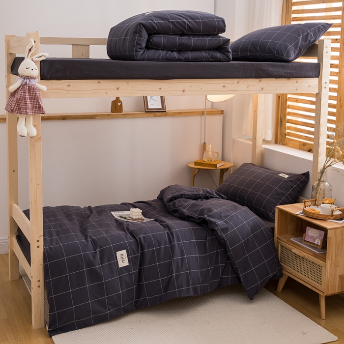 91家纺网 家纺一手货源 找家纺 柠萌 新款A类全棉色织水洗棉学生上下铺全棉三件套 格纹冷灰