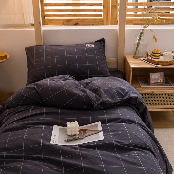 91家纺网 家纺一手货源 找家纺 柠萌 新款A类全棉色织水洗棉学生上下铺全棉三件套 格纹冷灰