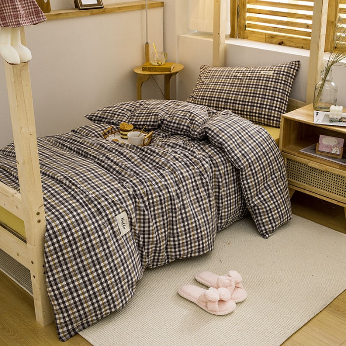 91家纺网 家纺一手货源 找家纺 柠萌 新款A类全棉色织水洗棉学生上下铺全棉三件套 灰黄小格