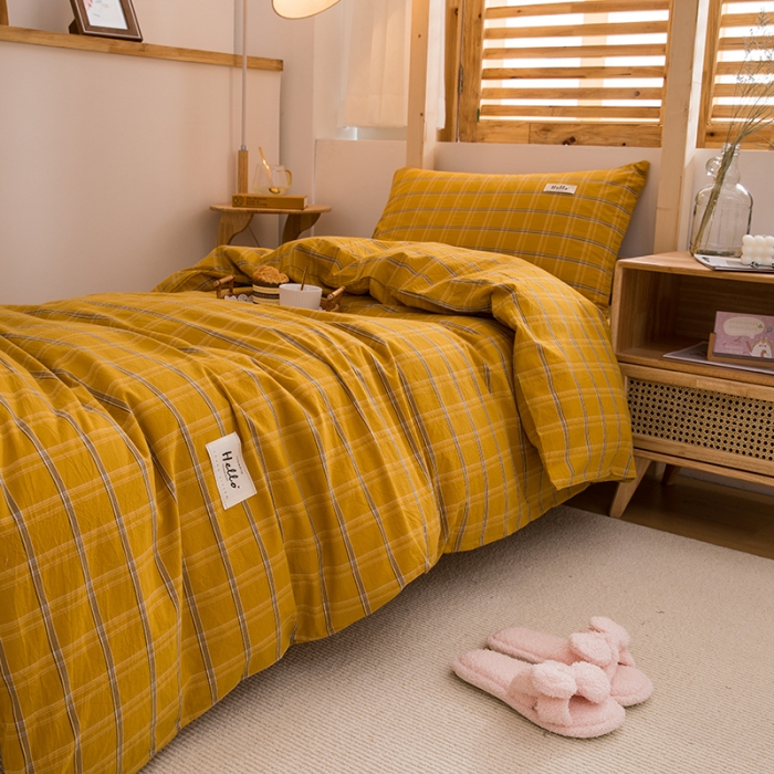 91家纺网 家纺一手货源 找家纺 柠萌 新款A类全棉色织水洗棉学生上下铺全棉三件套 姜黄格