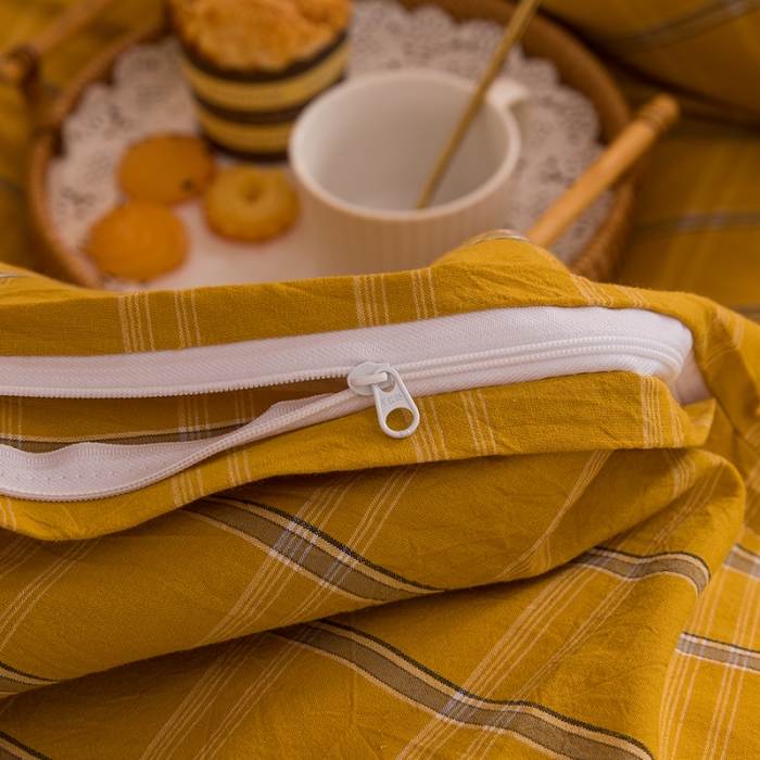 91家纺网 家纺一手货源 找家纺 柠萌 新款A类全棉色织水洗棉学生上下铺全棉三件套 姜黄格