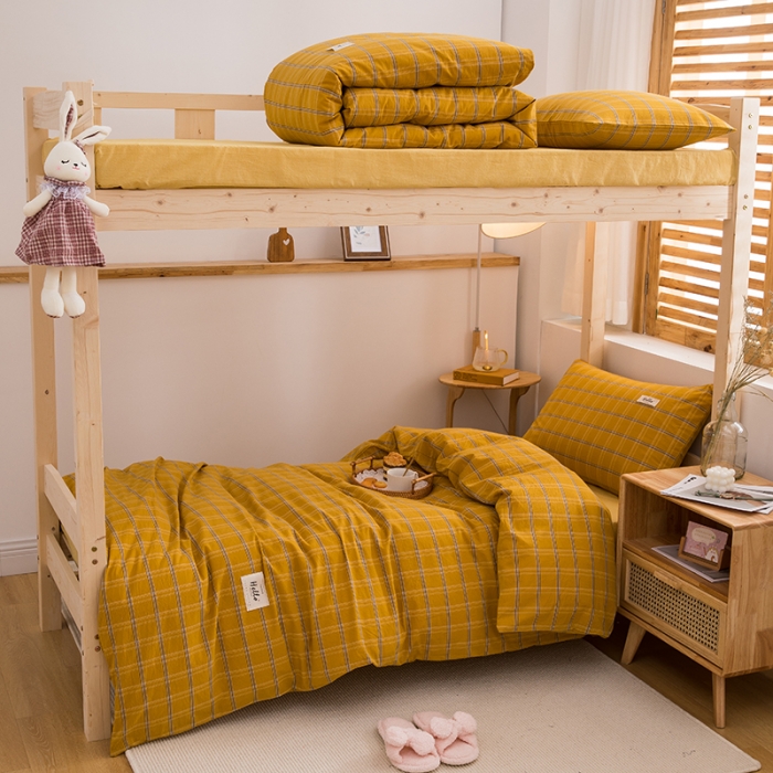 91家纺网 家纺一手货源 找家纺 柠萌 新款A类全棉色织水洗棉学生上下铺全棉三件套 姜黄格