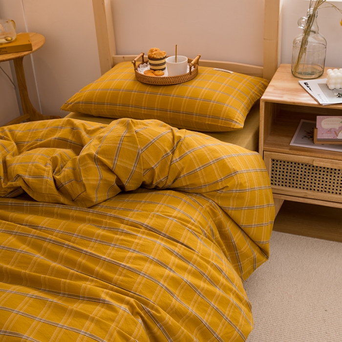 91家纺网 家纺一手货源 找家纺 柠萌 新款A类全棉色织水洗棉学生上下铺全棉三件套 姜黄格